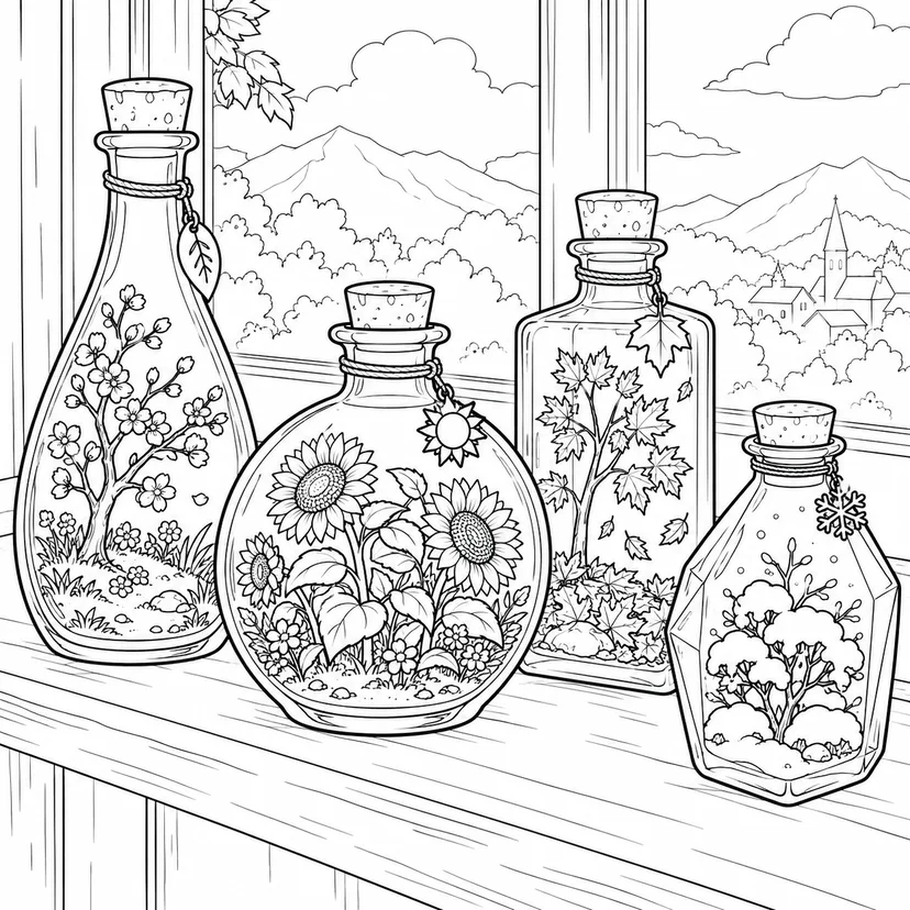 瓶の中の四季の庭の塗り絵