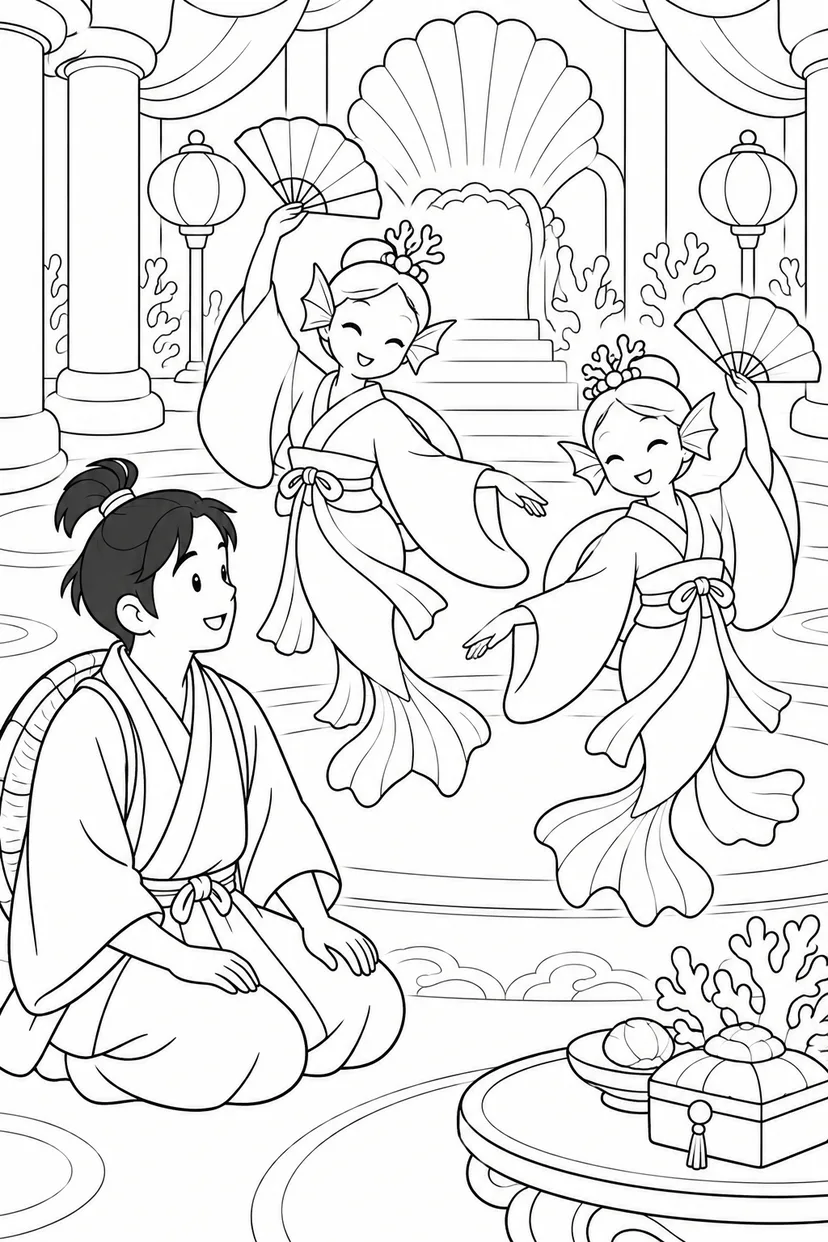 浦島太郎：魚たちの舞（ほっこり）の塗り絵