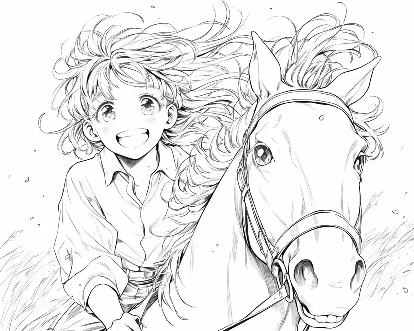 Coloriage Fille et Cheval Sentant le Vent