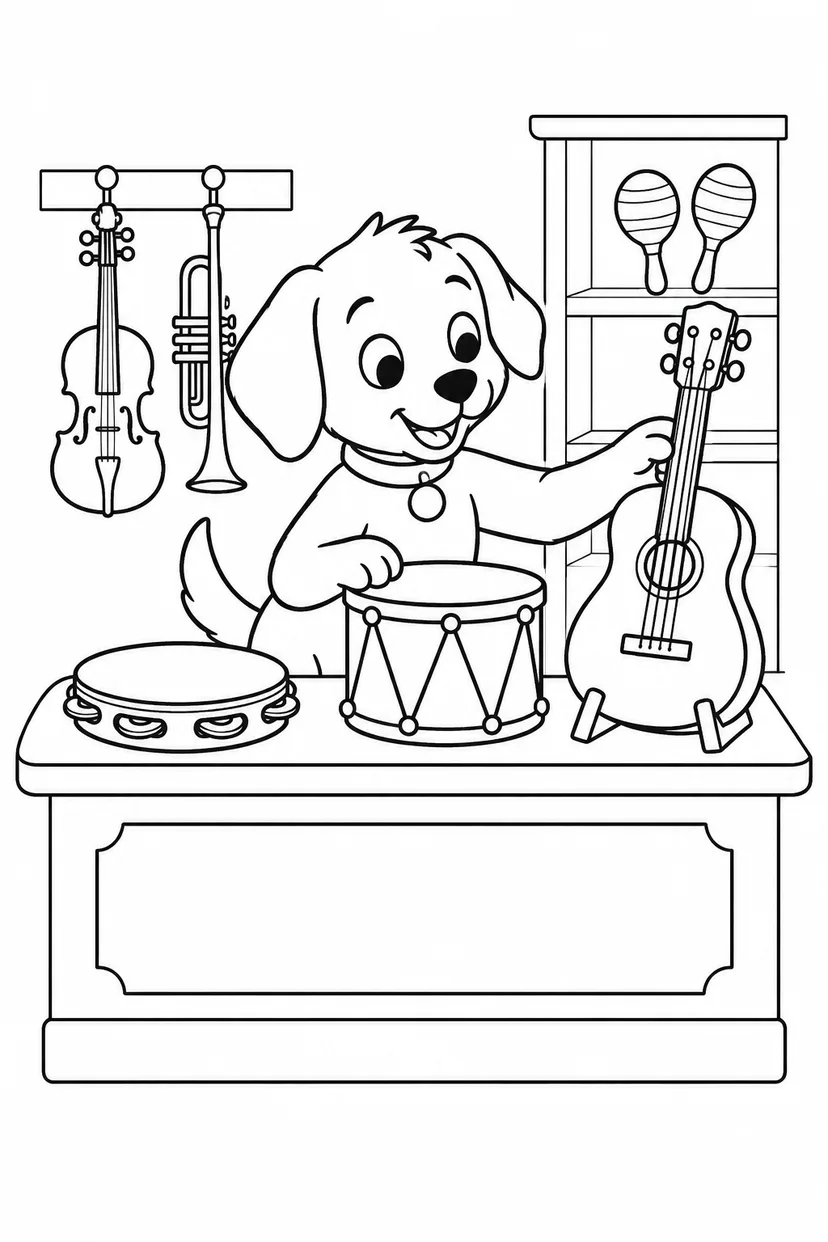 こいぬの楽器屋さんの開店準備の塗り絵