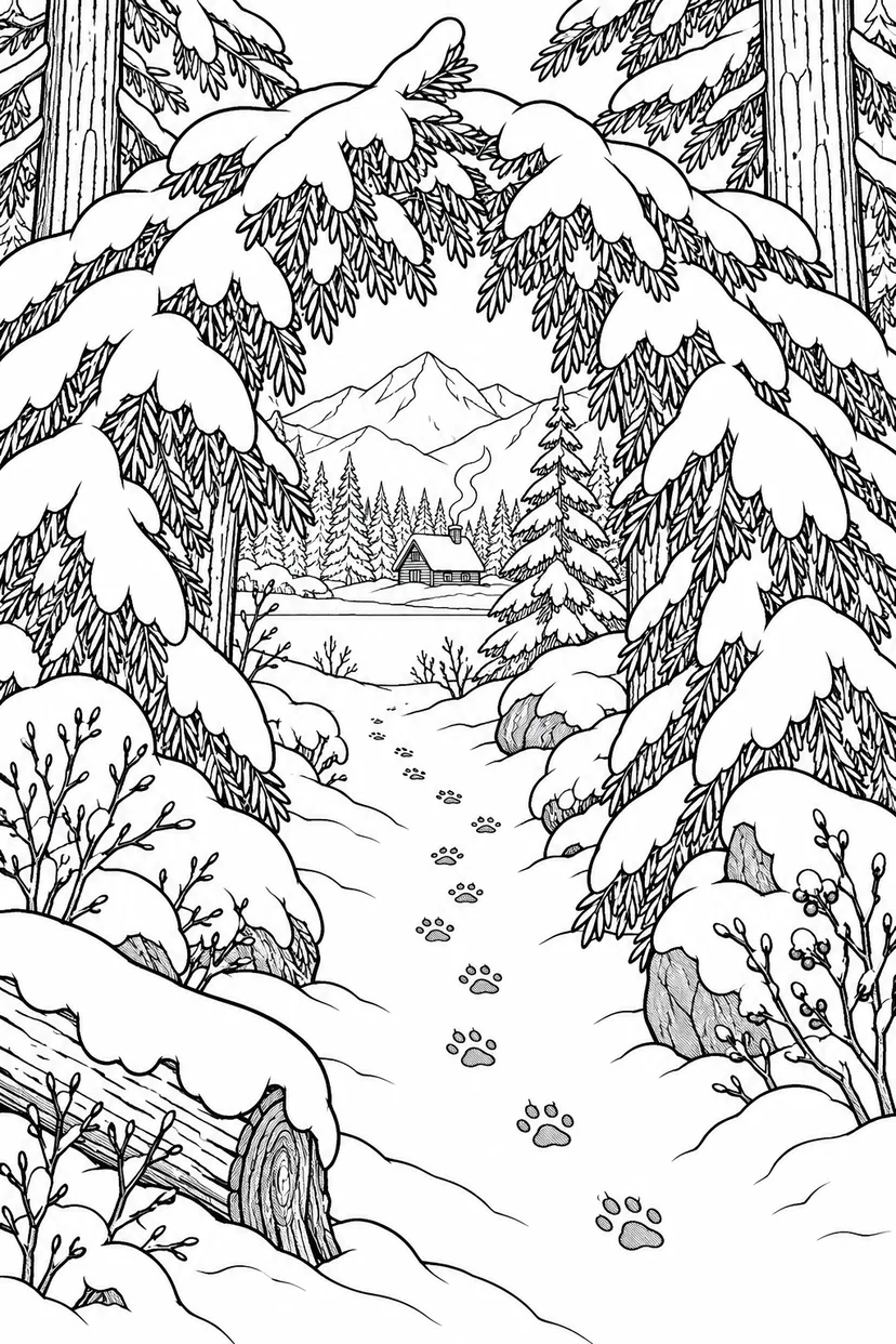 冬のひみつの小道の入口の塗り絵