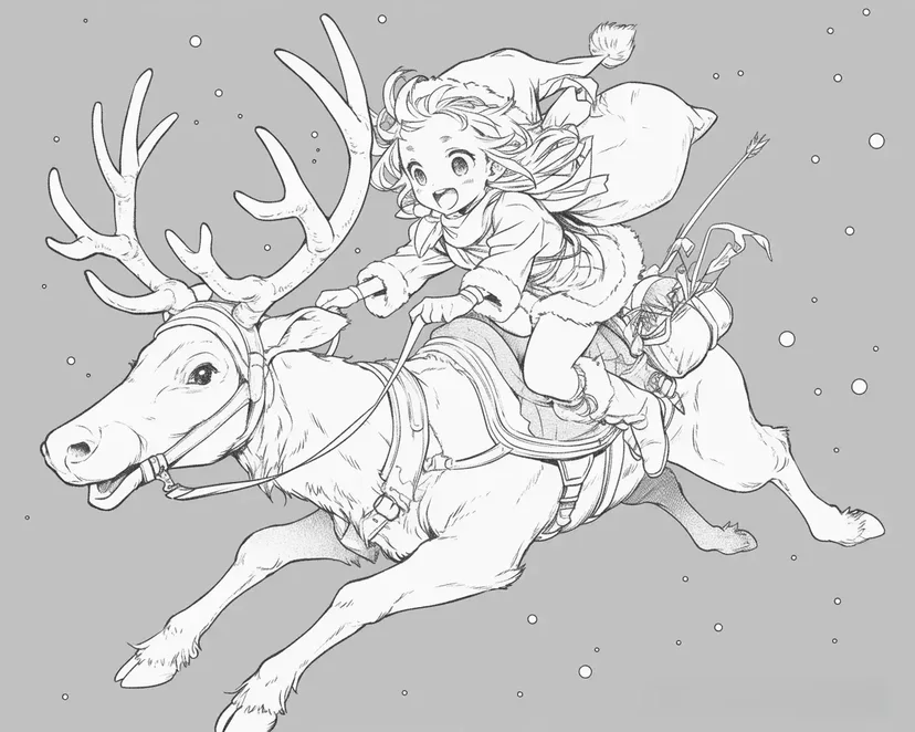 トナカイに乗るサンタの少女の塗り絵