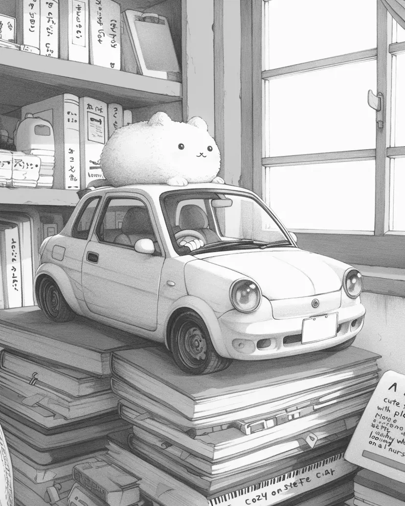 本の上の小さな車と猫の塗り絵