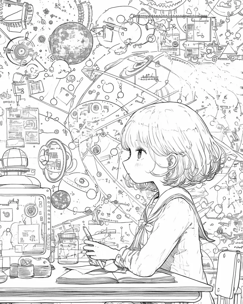 沉迷于星空的少女涂色页
