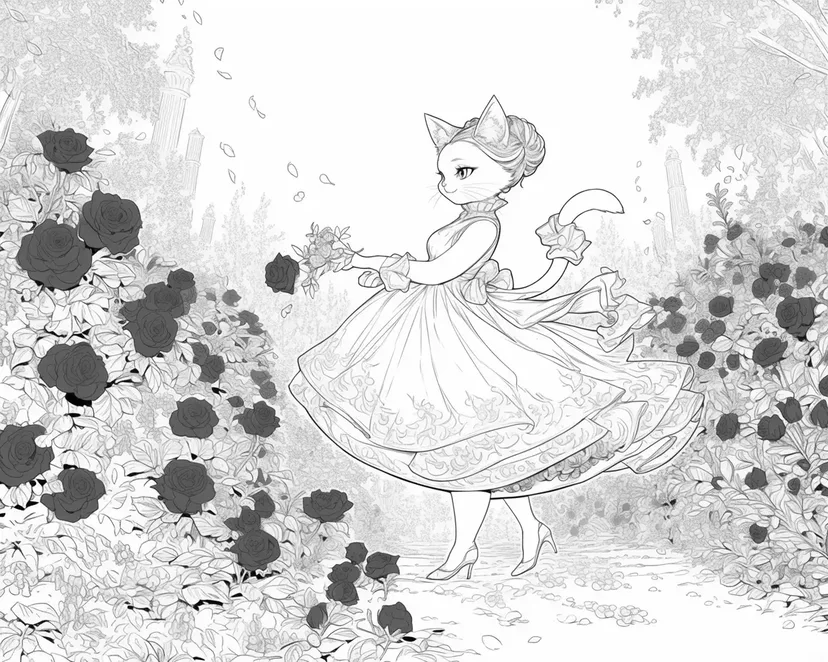 Dibujo de Niña con Orejas de Gato en el Jardín de Rosas para colorear