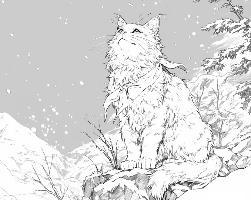 雪の中のノルウェージャンフォレストキャットの塗り絵