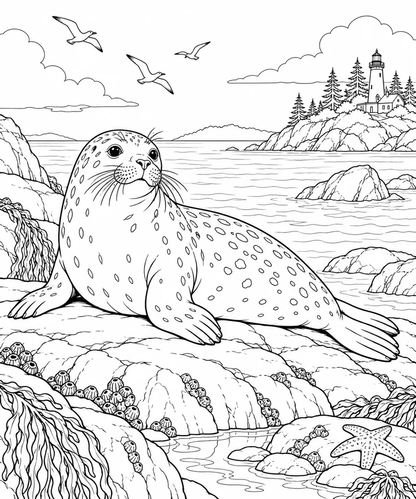自然のひとこま：アザラシと海辺の岩の塗り絵