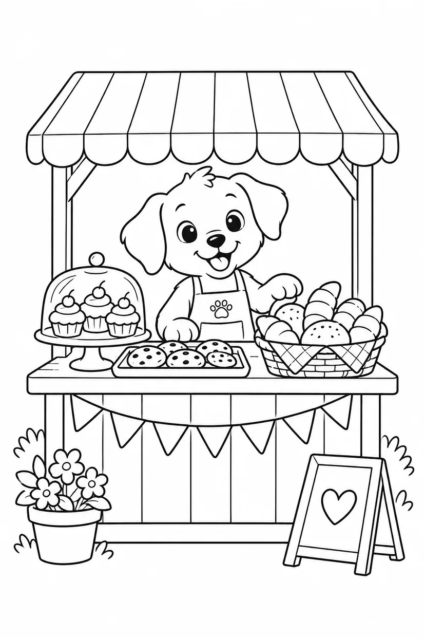 こいぬのパン屋さんの屋台の塗り絵