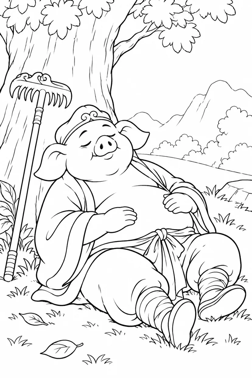 ほっこり西遊記：八戒の昼寝の塗り絵