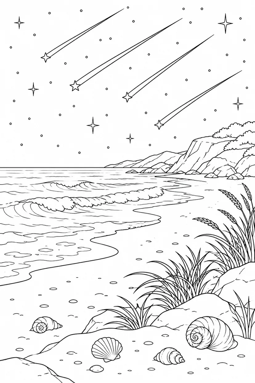 貝殻のある砂浜と流星群の塗り絵