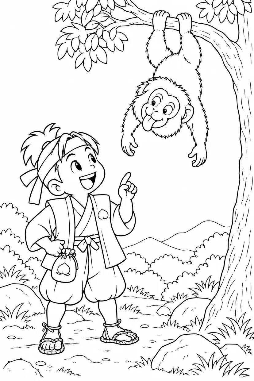 ギャグ桃太郎：桃太郎と猿の出会いの塗り絵