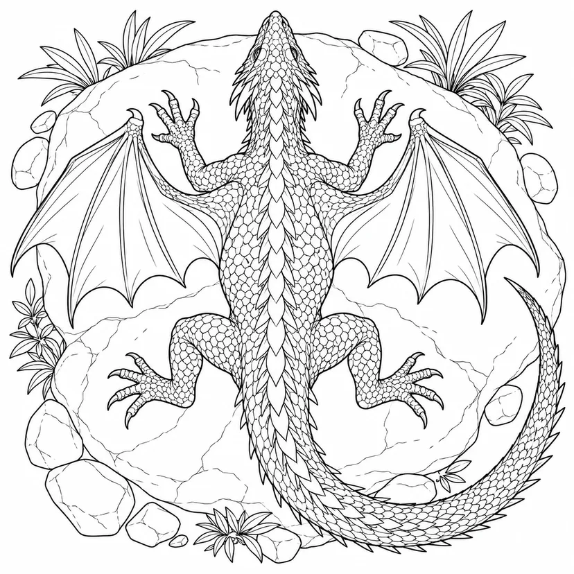 Dibujo de Dragón al sol sobre una roca plana para colorear