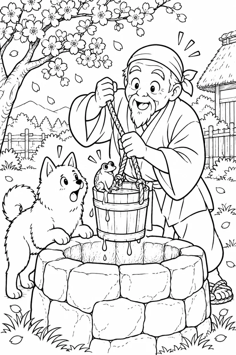 はなさかおじさん：井戸の桶からかえるのごあいさつ（ギャグ）の塗り絵