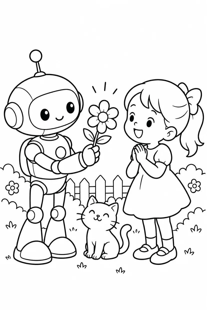 ロボットと花のプレゼントの塗り絵