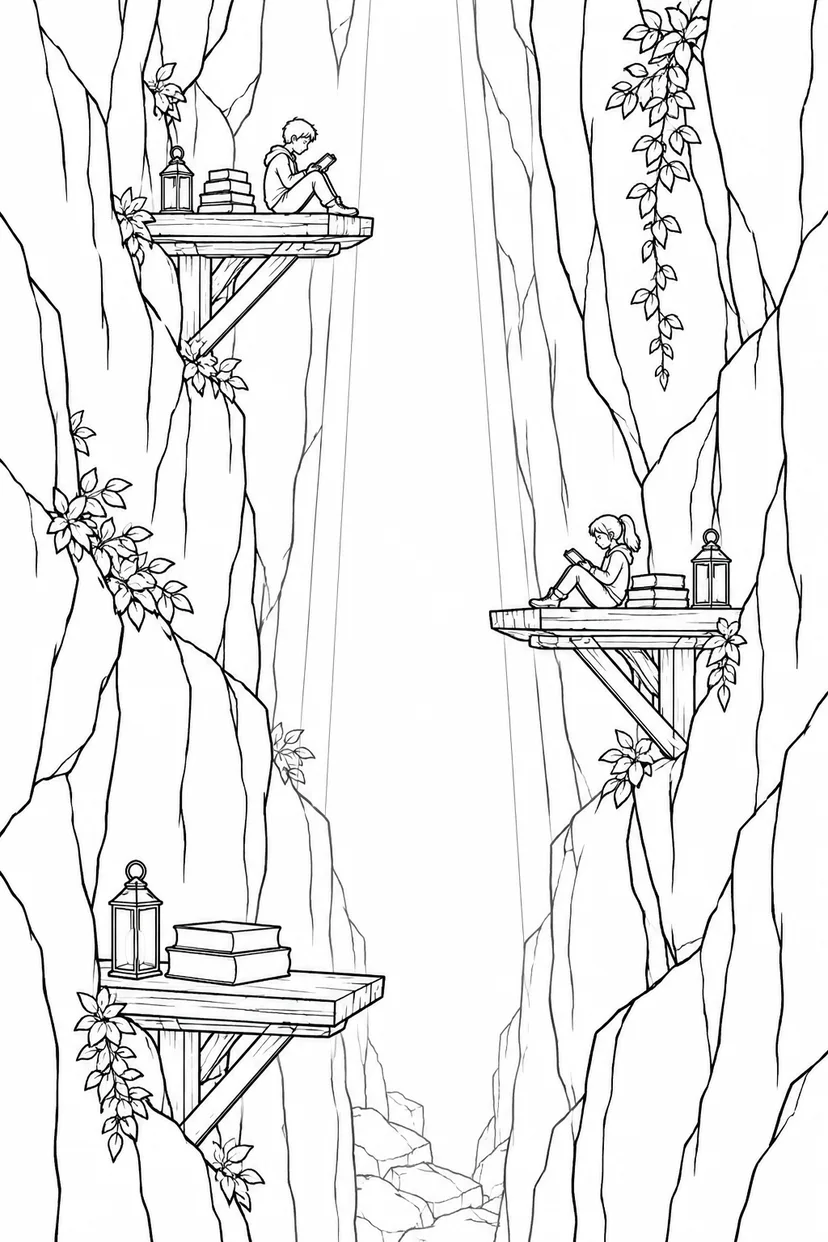 岩の裂け目の光の図書室の塗り絵