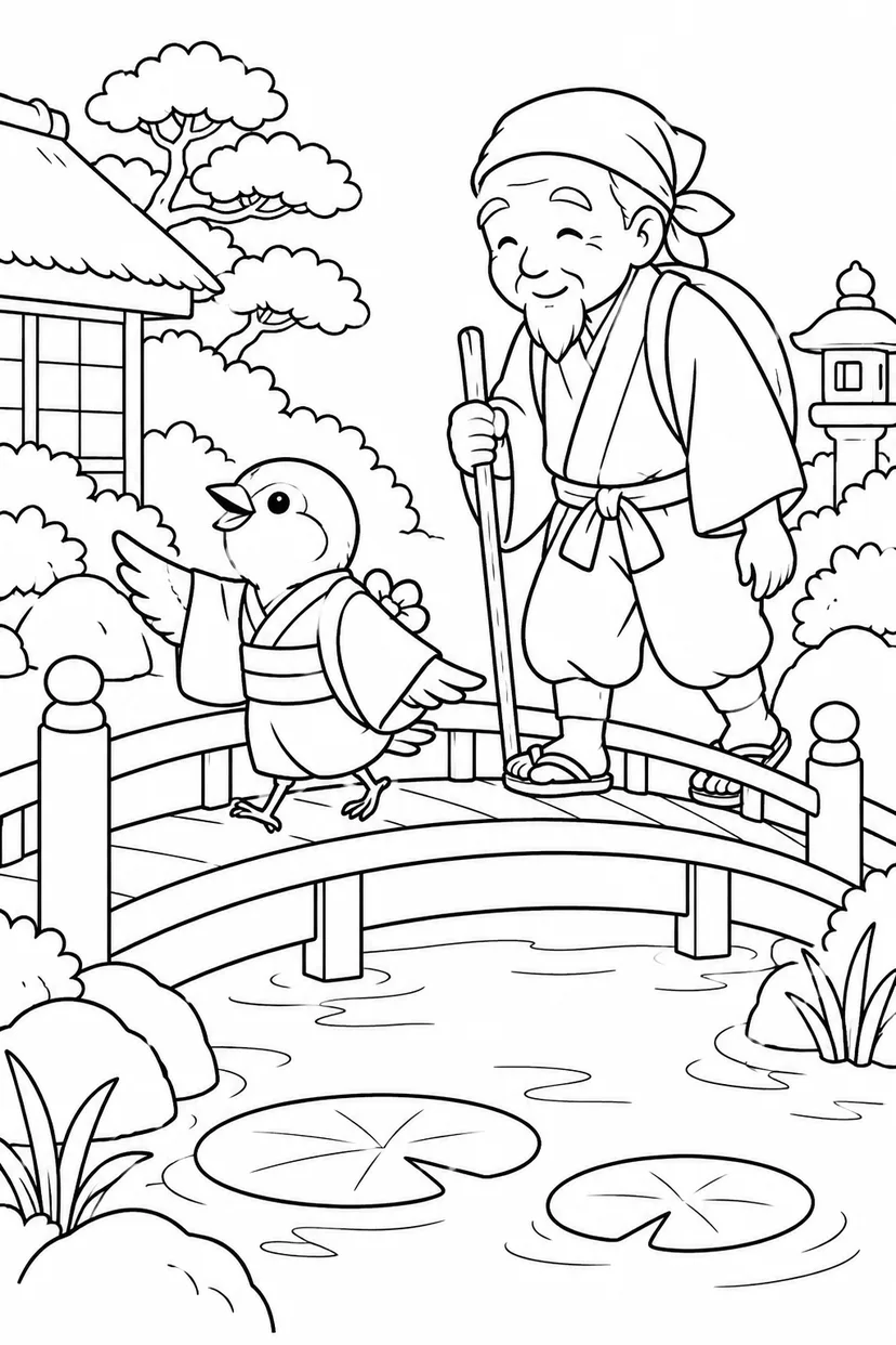 したきりすずめ：池の橋をてくてく案内の塗り絵