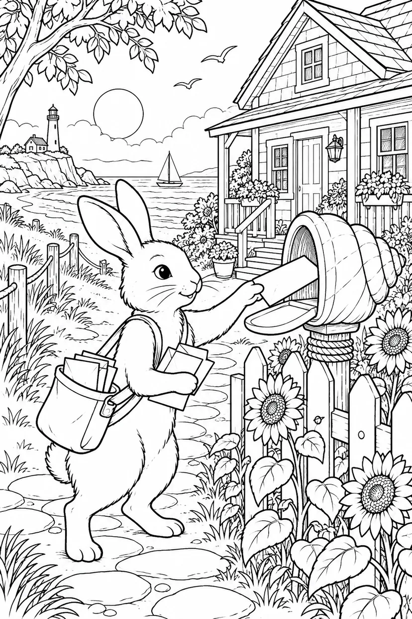 夏のうさぎの郵便配達の塗り絵