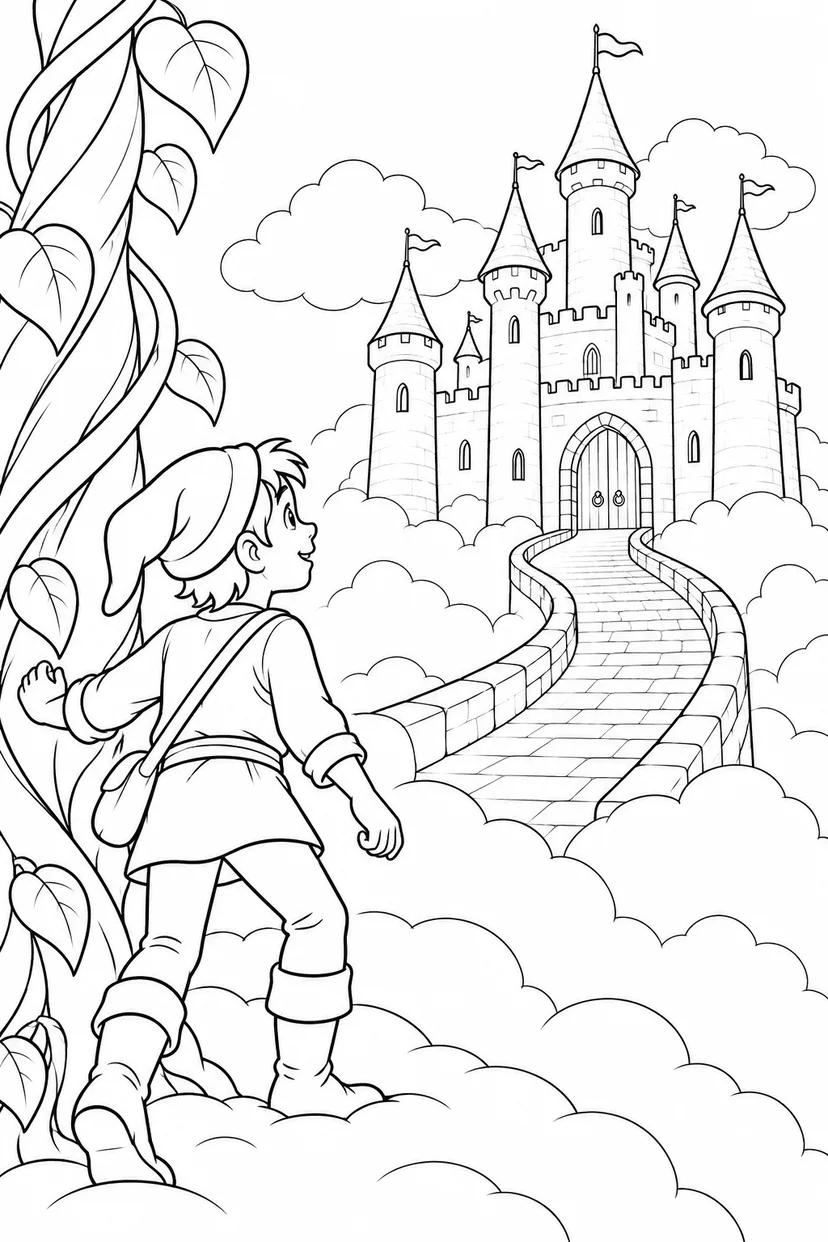 Jack and the Beanstalk・Heartwarming — The castle above the clouds coloring page