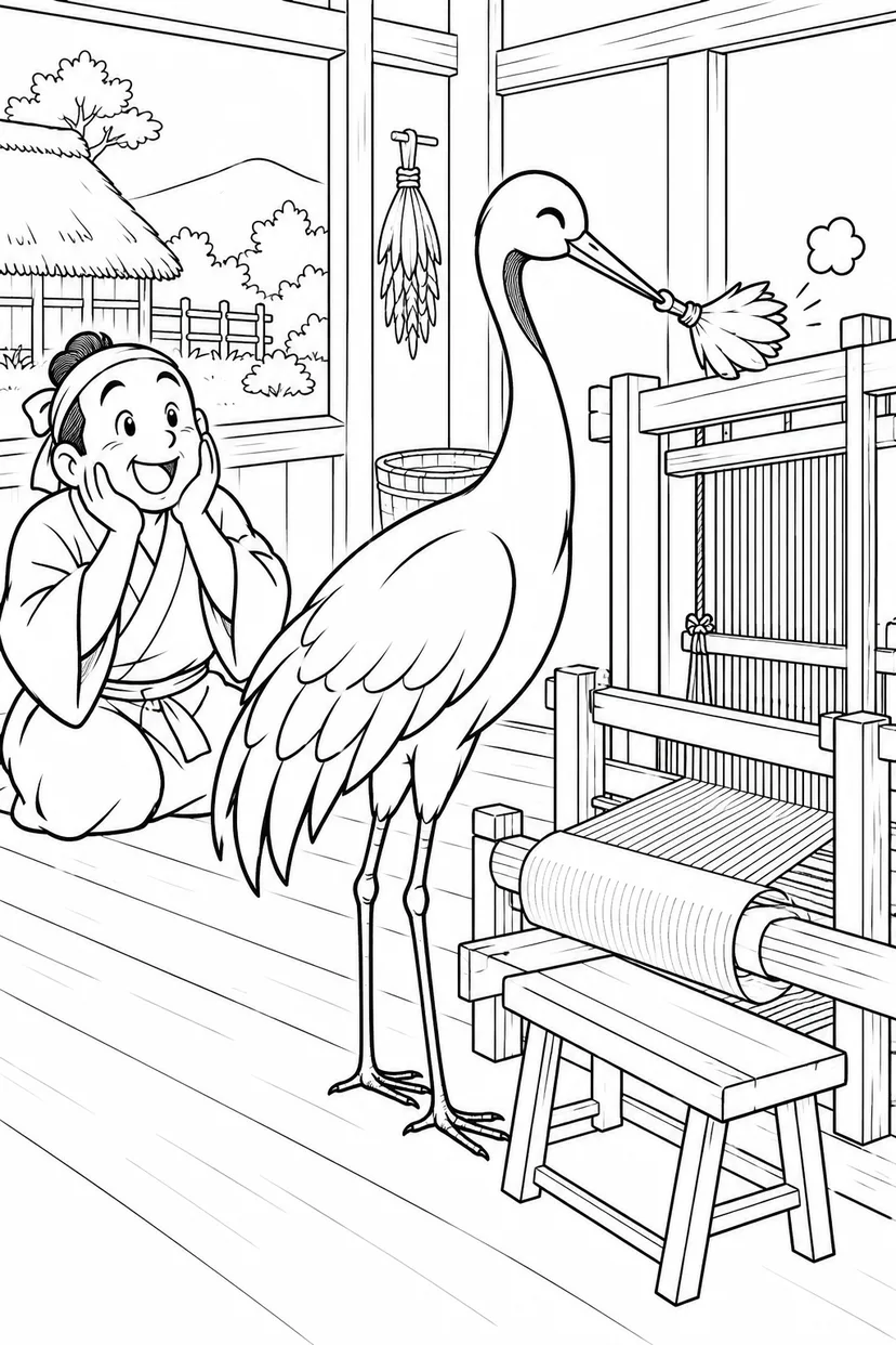 つるの恩返し：小さなはたきで大そうじの塗り絵