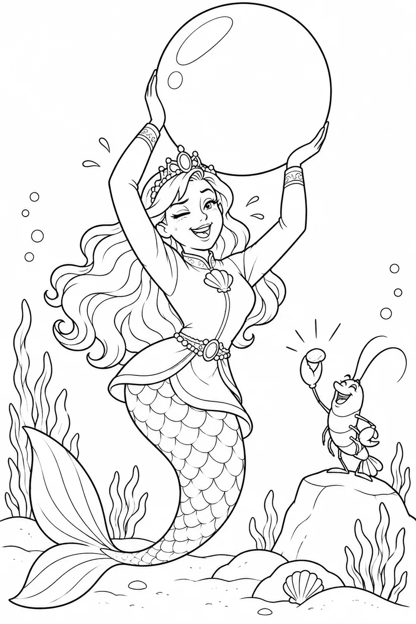 人魚姫：大真珠とエビの筋トレ勝負の塗り絵
