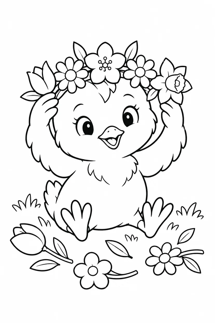 ひよこの花かんむり作りの塗り絵