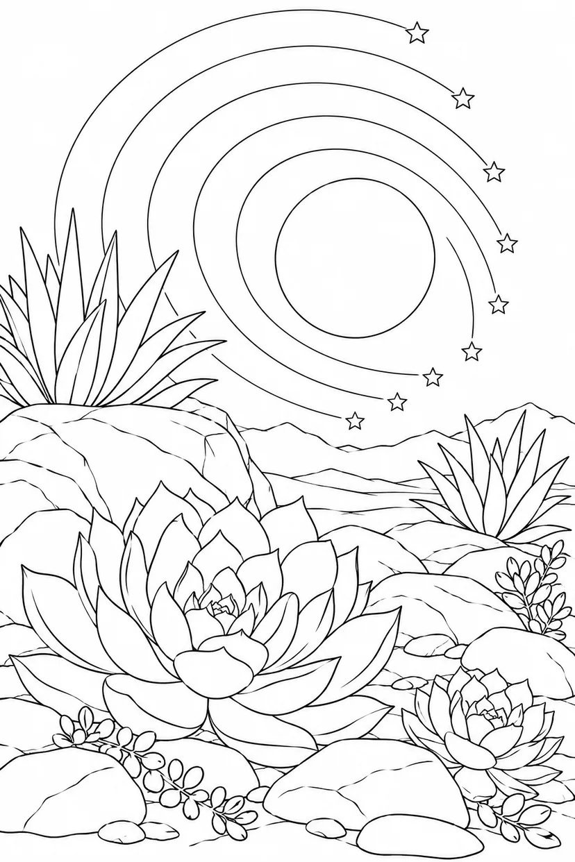 多肉植物の岩庭と星の軌跡の塗り絵