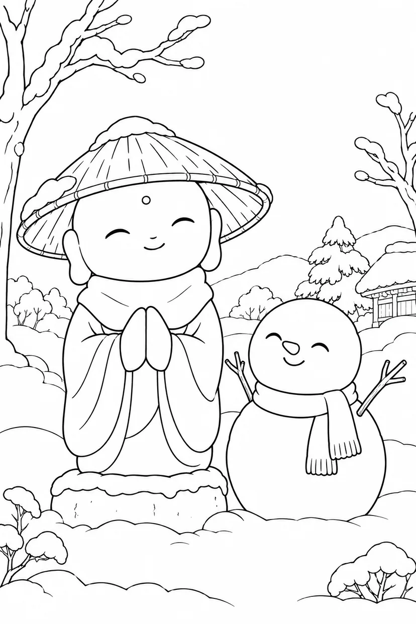 かさじぞう・おじぞうさまと小さな雪だるまの塗り絵