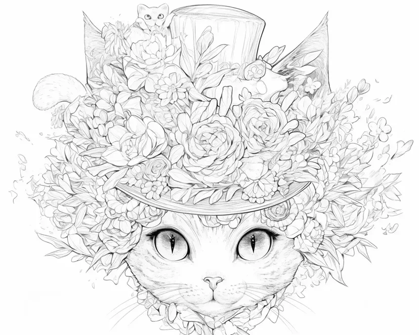 Desenho de Gato com Chapéu Floral para colorir
