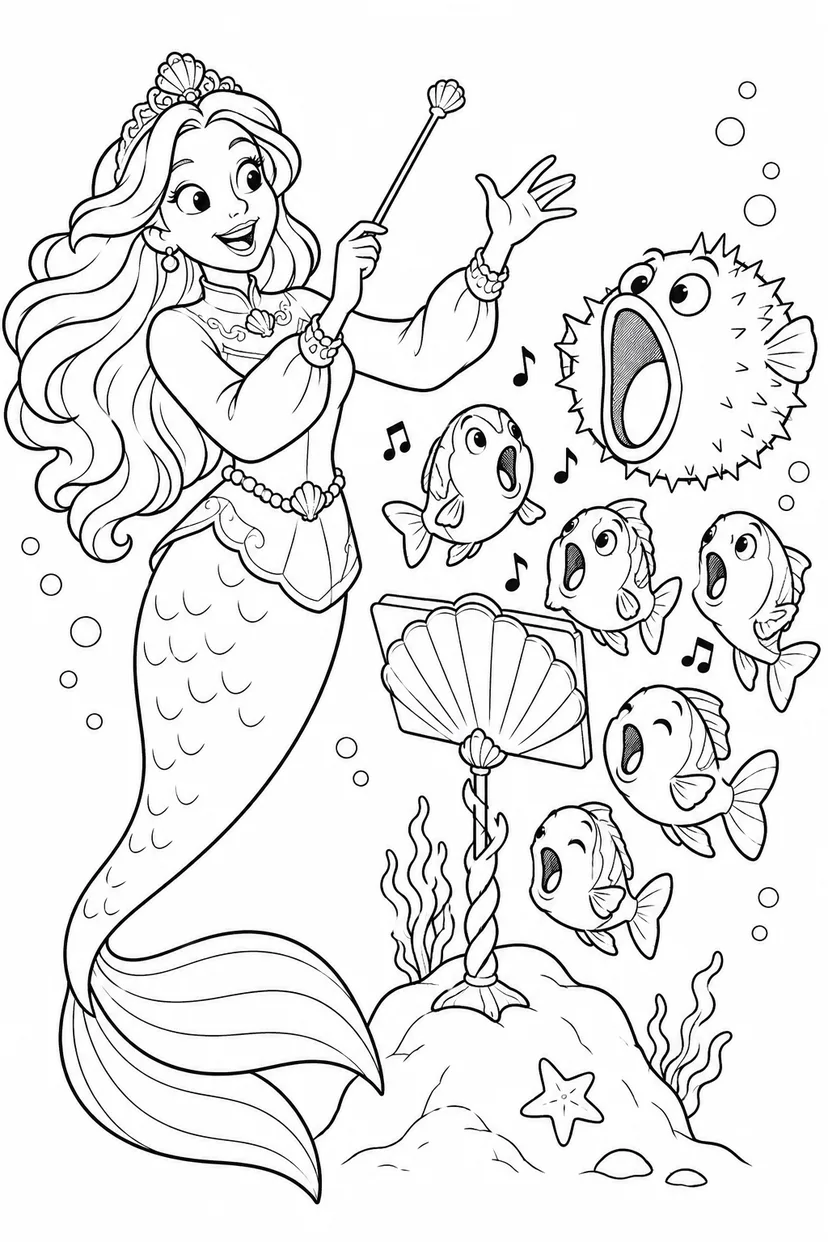 人魚姫：フグが主役の海の合唱団の塗り絵
