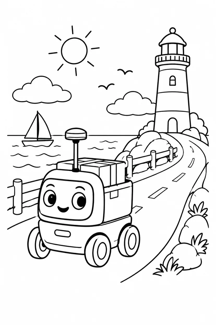 小型配送ロボットと海沿いの道の塗り絵