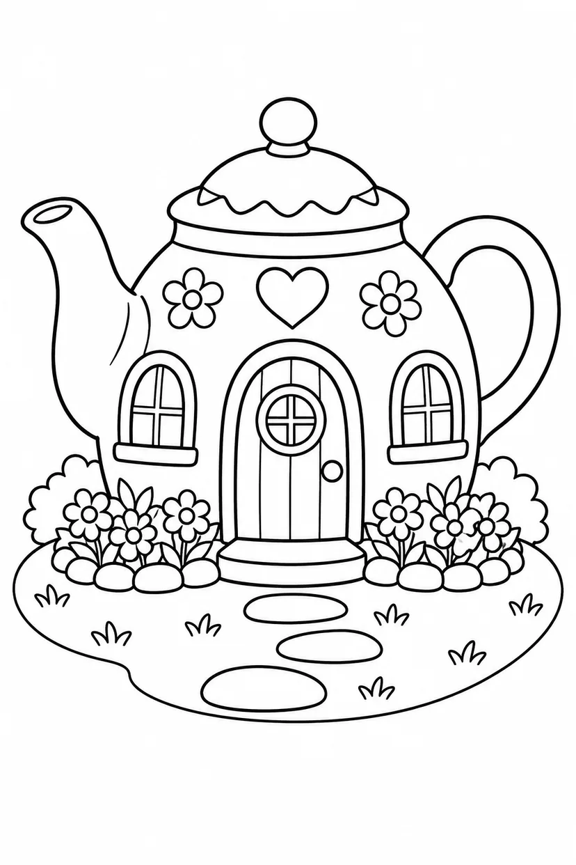 ティーポットのおうちの花壇の塗り絵
