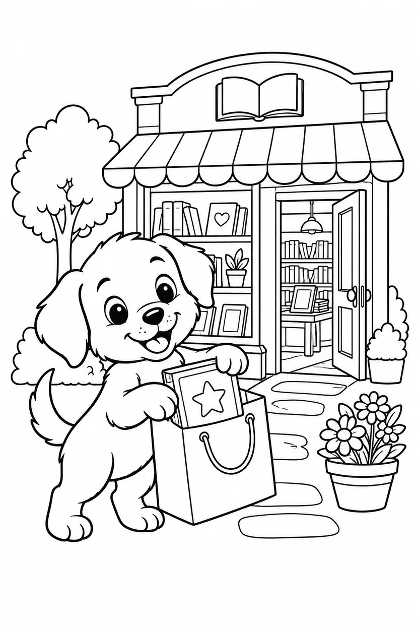 こいぬの本屋さんのお買い物の塗り絵