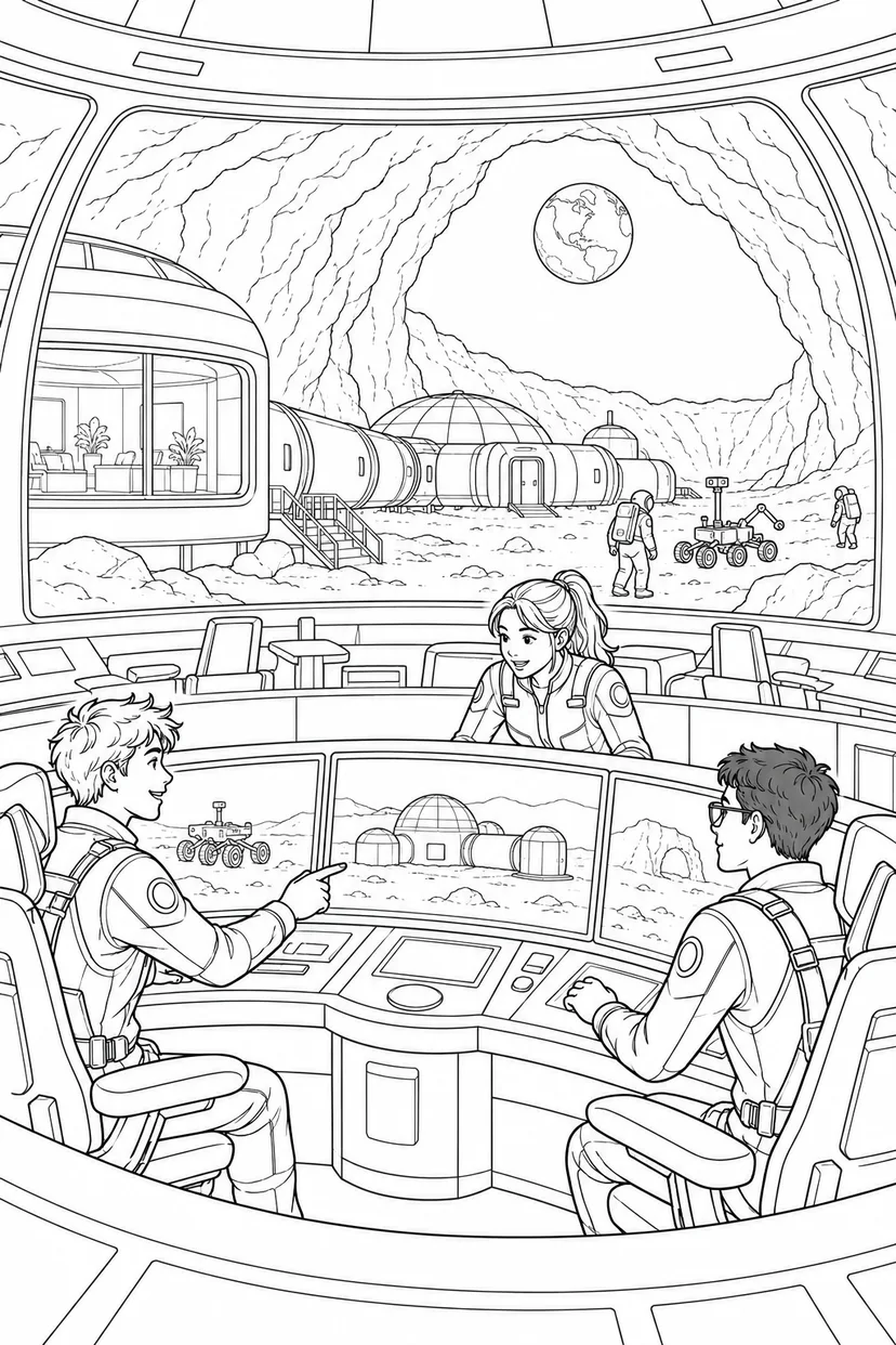 月の溶岩洞基地：探査を見守る管制室の塗り絵