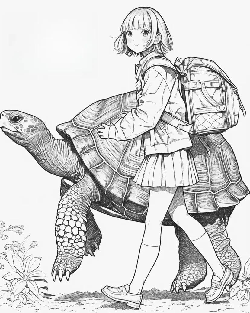 亀と少女の不思議な旅の塗り絵