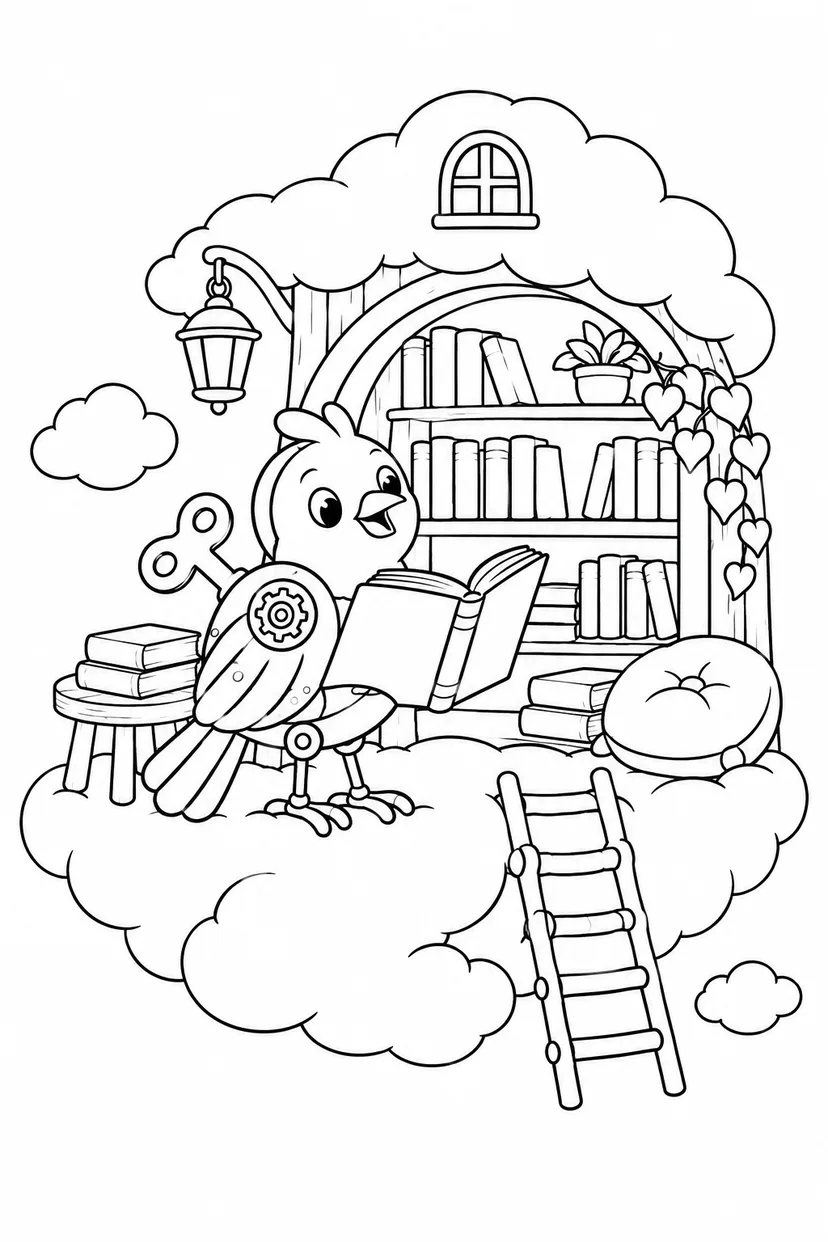 歯車の鳥と雲の図書館の塗り絵