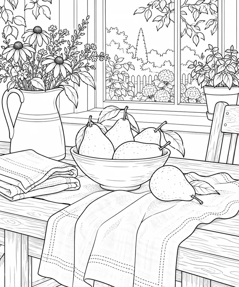 自然のひとこま：リネンと洋梨の塗り絵