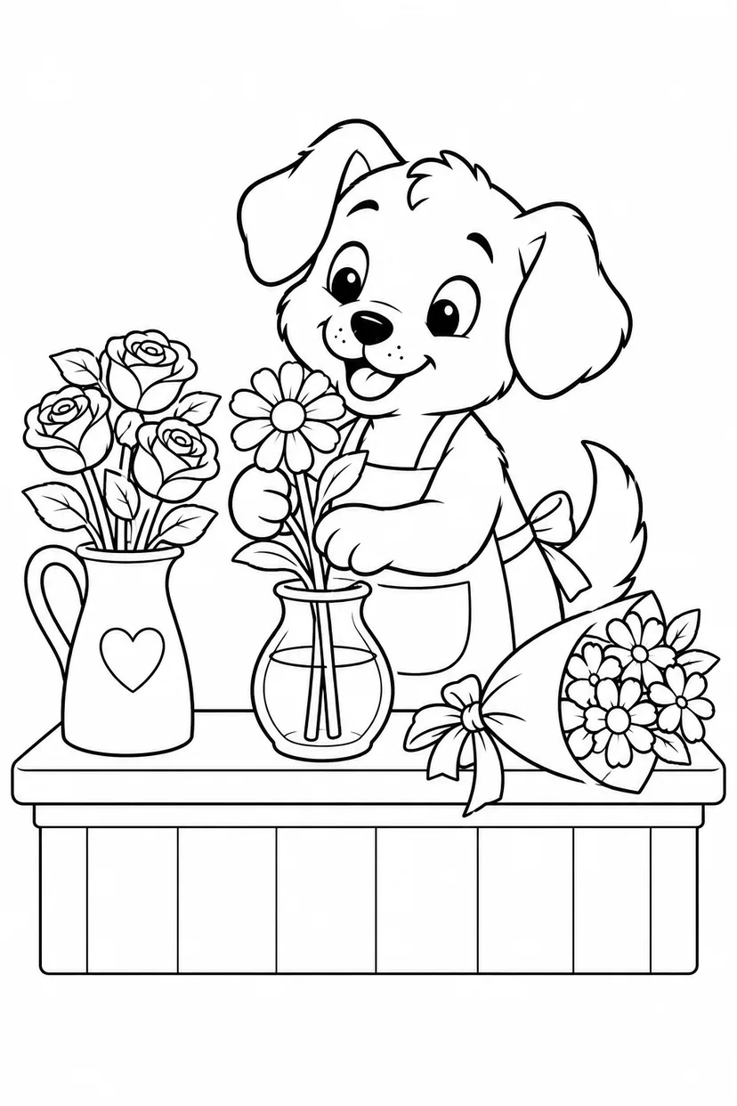 こいぬのお花屋さんの開店準備の塗り絵