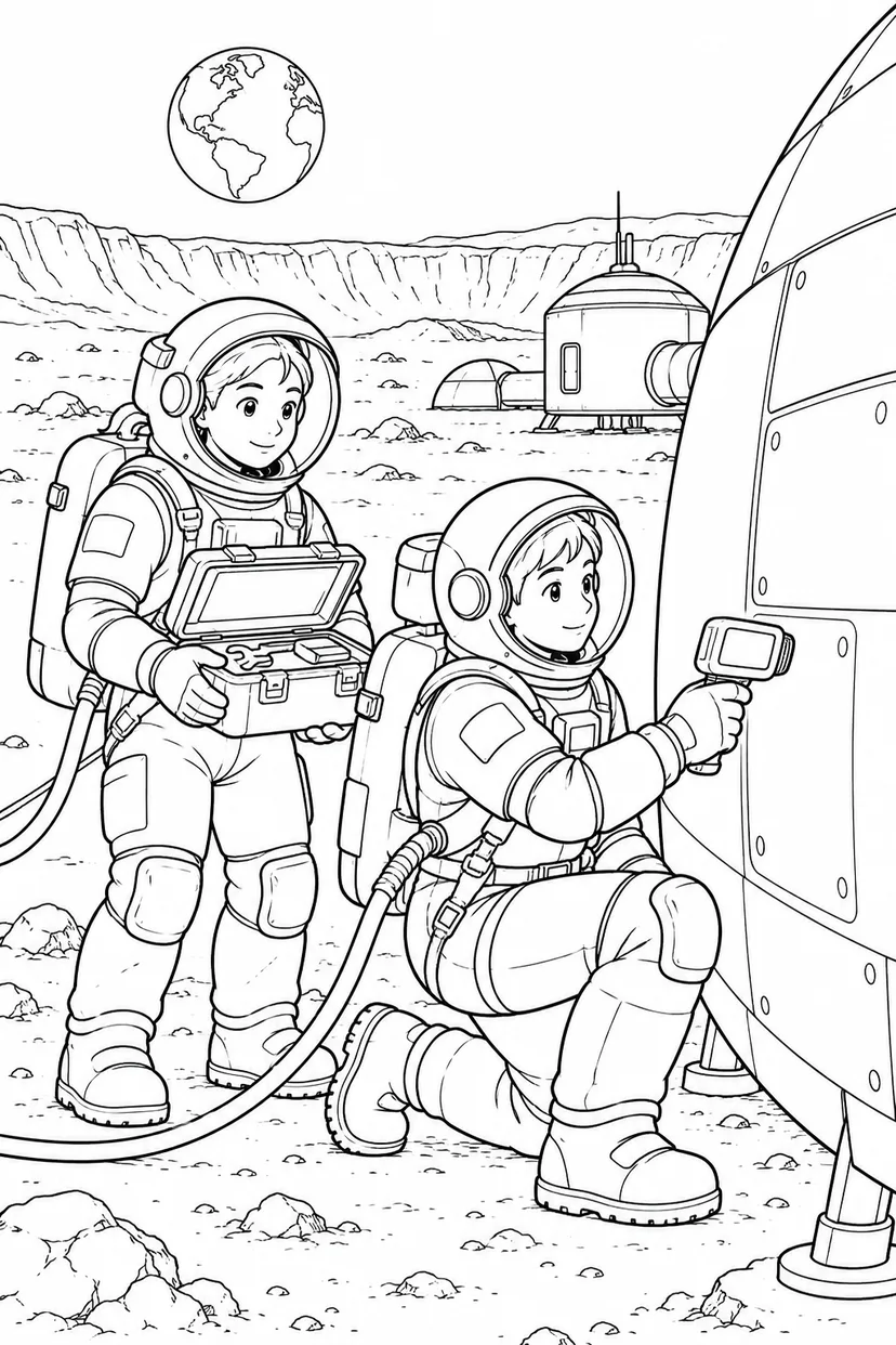 月のクレーター基地：外壁を調べる探査隊の塗り絵