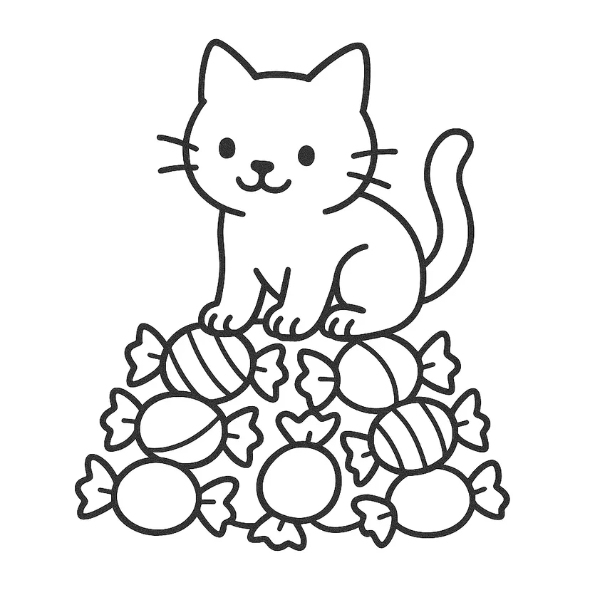 Dibujo de Caramelos y Gato para colorear