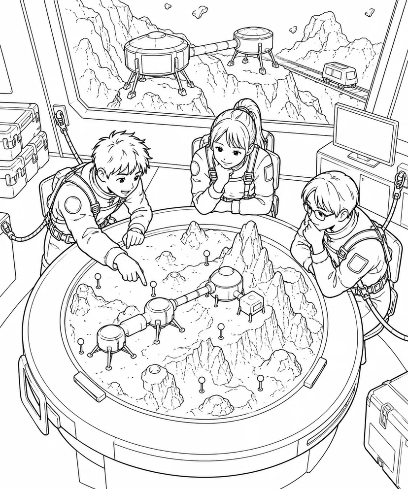 小惑星の岩山基地：地形模型と作戦会議の塗り絵
