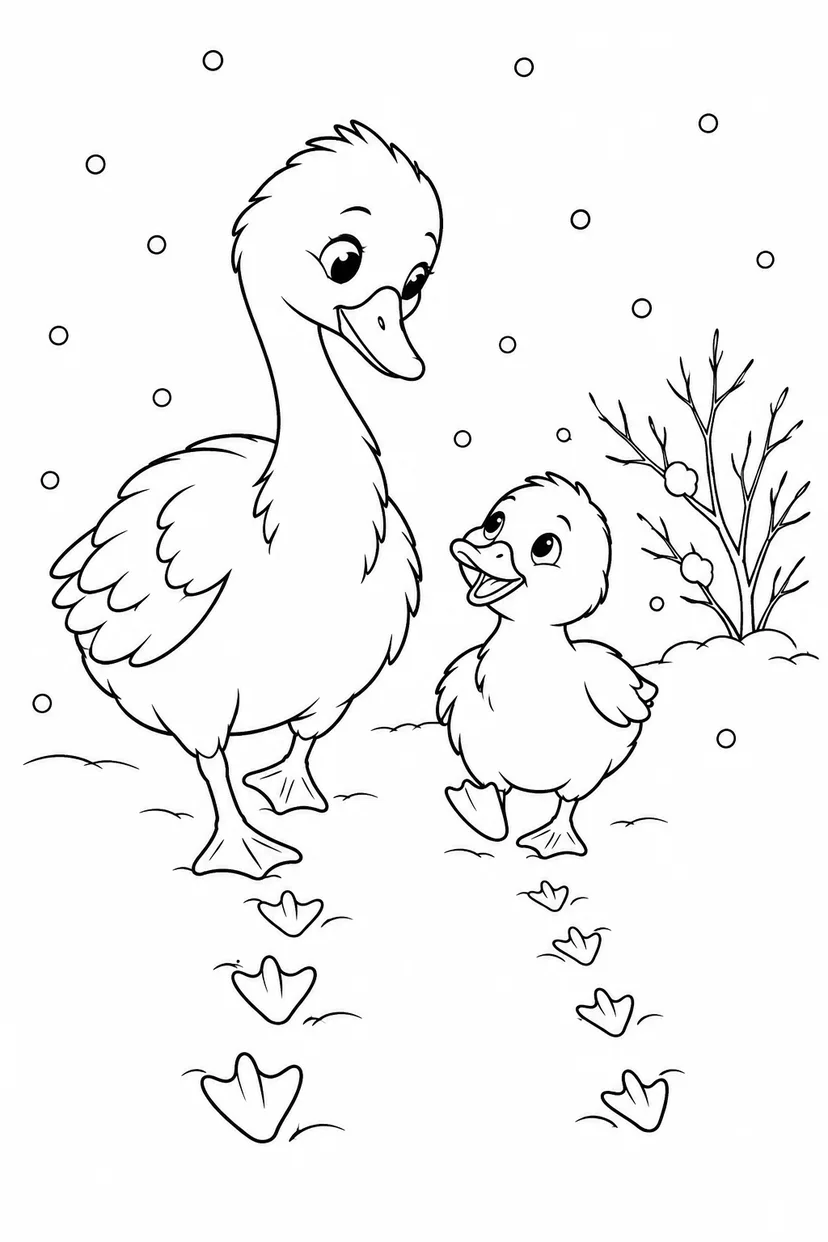 醜いアヒルの子：初雪に残るふたりの足あとの塗り絵