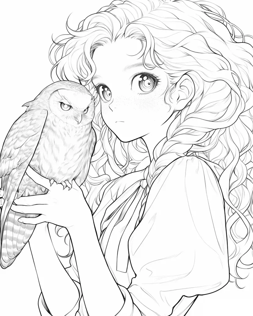 Desenho de Menina com Coruja para colorir