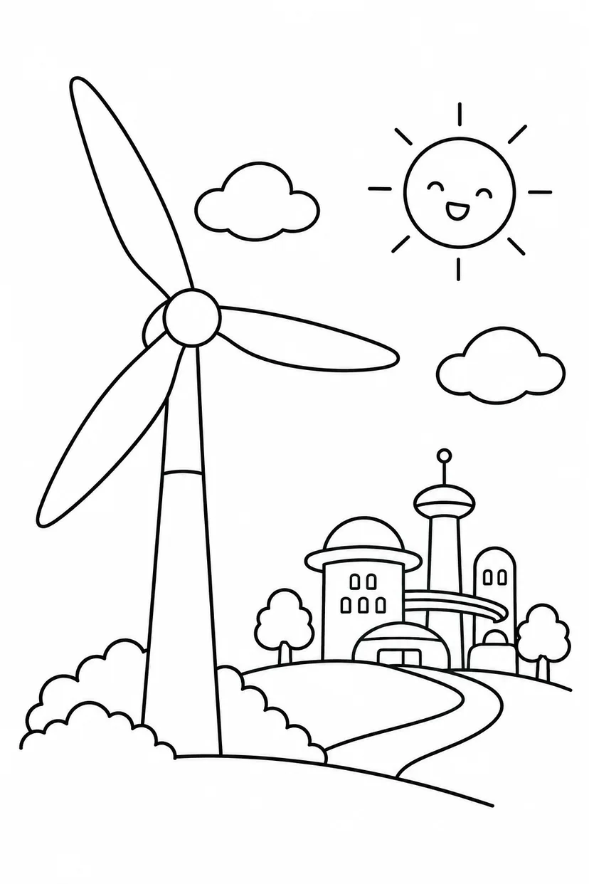 風力発電と未来の町の塗り絵