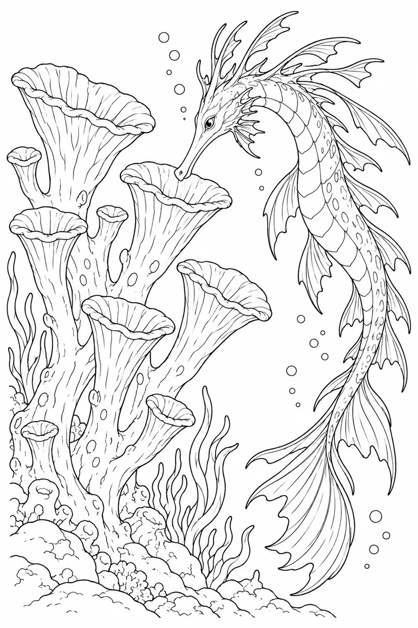サンゴのラッパに耳を寄せる海竜の塗り絵
