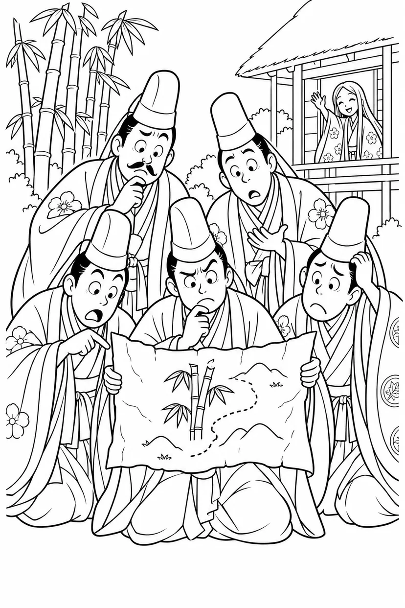 かぐや姫の求婚者がみんな迷子の塗り絵