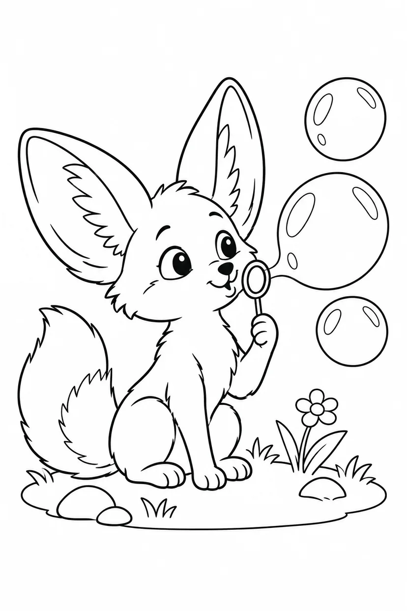 フェネックのシャボン玉あそびの塗り絵