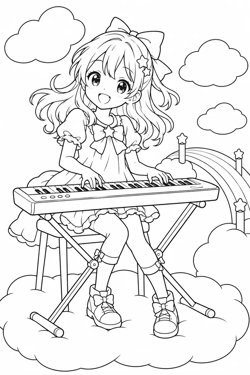 キーボードを弾くアイドル — 雲の広場の塗り絵