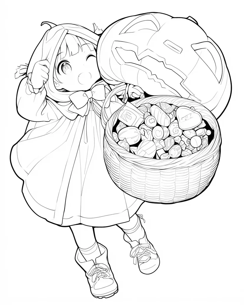 ハロウィンの小さな冒険者の塗り絵