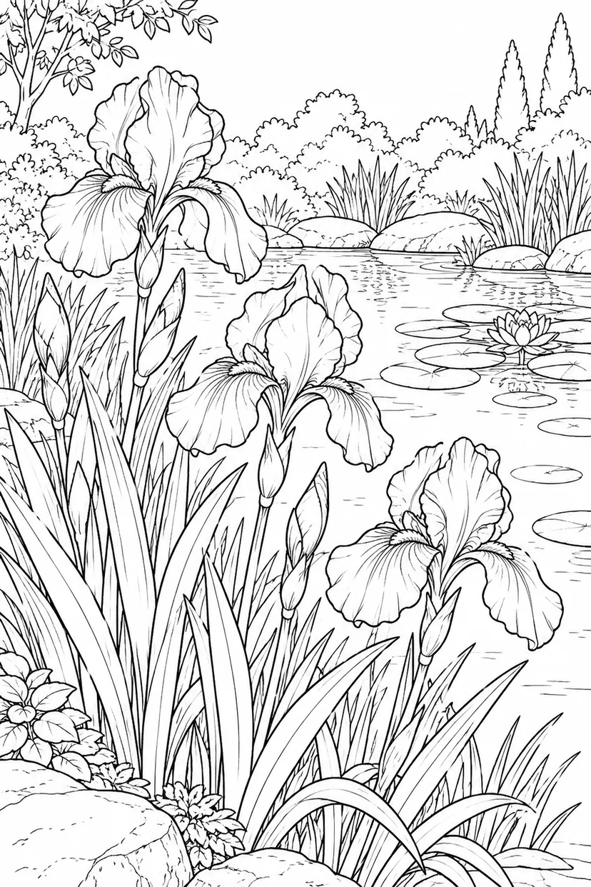 自然のひとこま：アヤメの花と剣形の葉の塗り絵