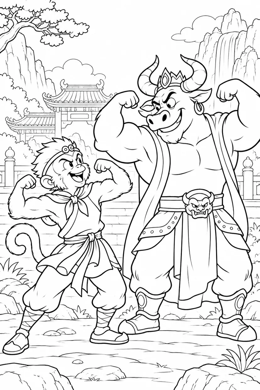 どたばた西遊記：悟空と牛の魔王の塗り絵